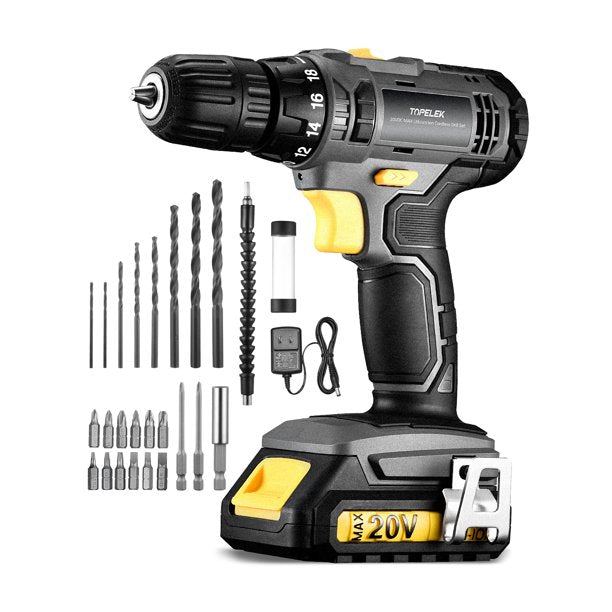 TOPELEK 20V Cordless Drill Driver, Compact Drill Kit with 18+1